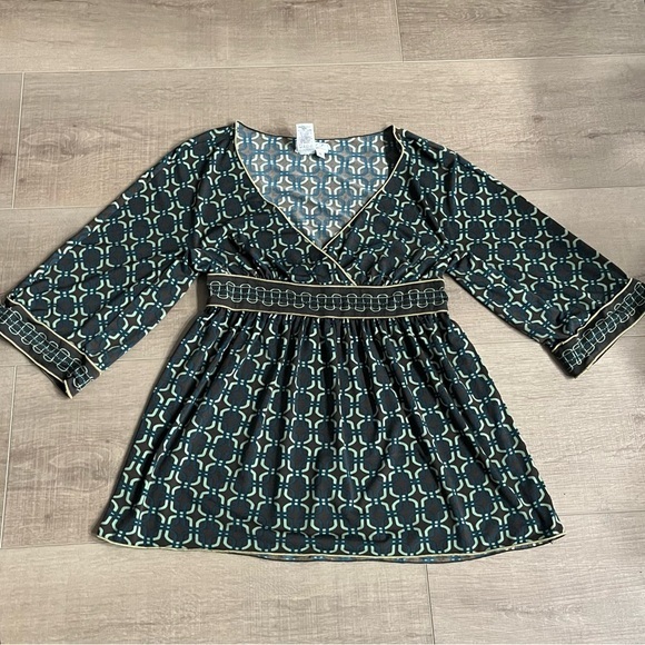MSSP Max Studio Babydoll Smock Top XS Brown Green Geometric‎ Empire Waist Y2K - Picture 7 of 8